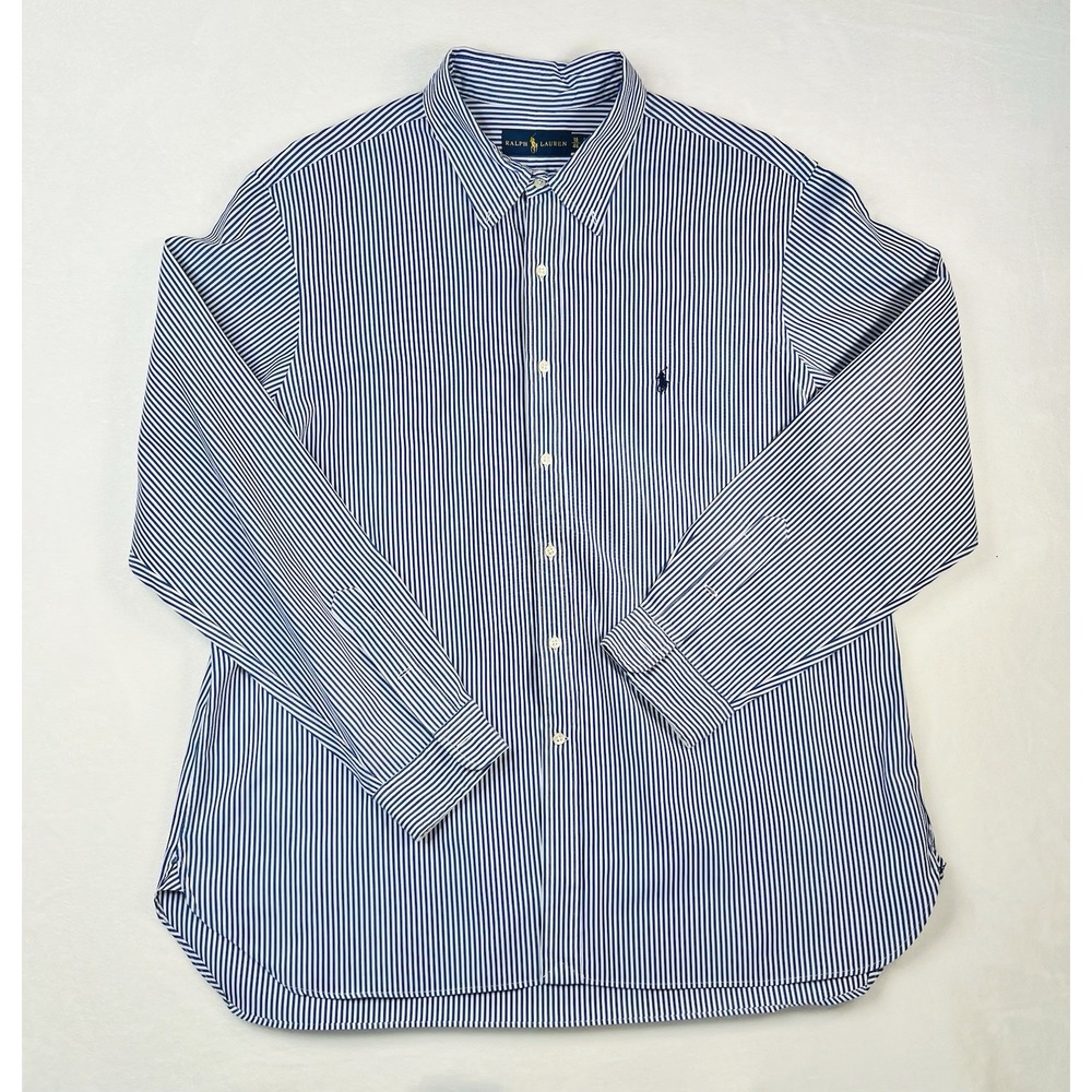 Ralph Lauren Shirt Men 2XL (18-46) Blue Striped Pony Button Up‎ Long Sleeve